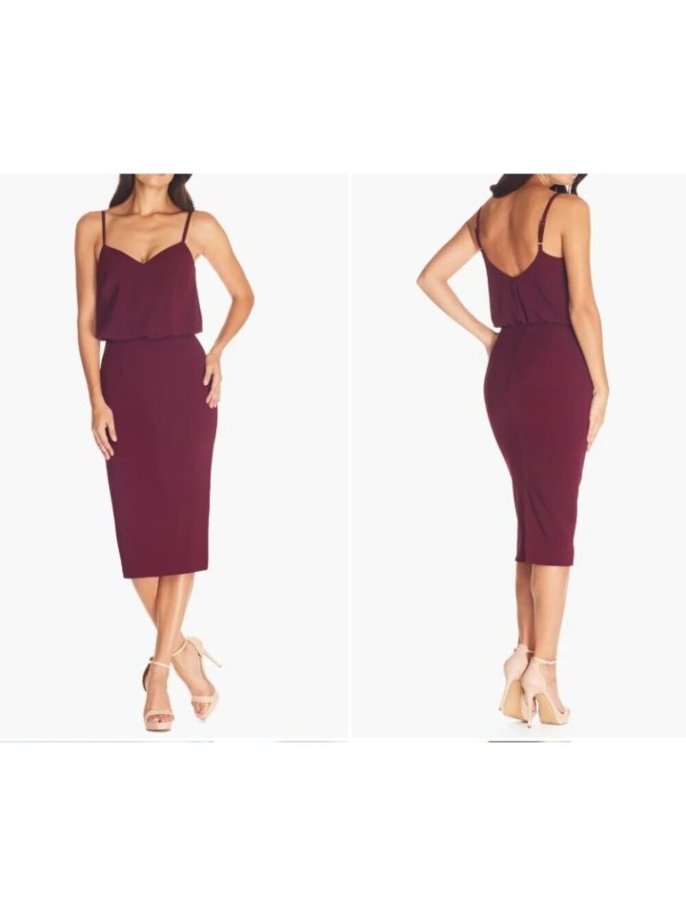 Dress The Population Burgundy Alondra Blouson Sheath Dress Wedding Guest Dress L - Picture 1 of 12